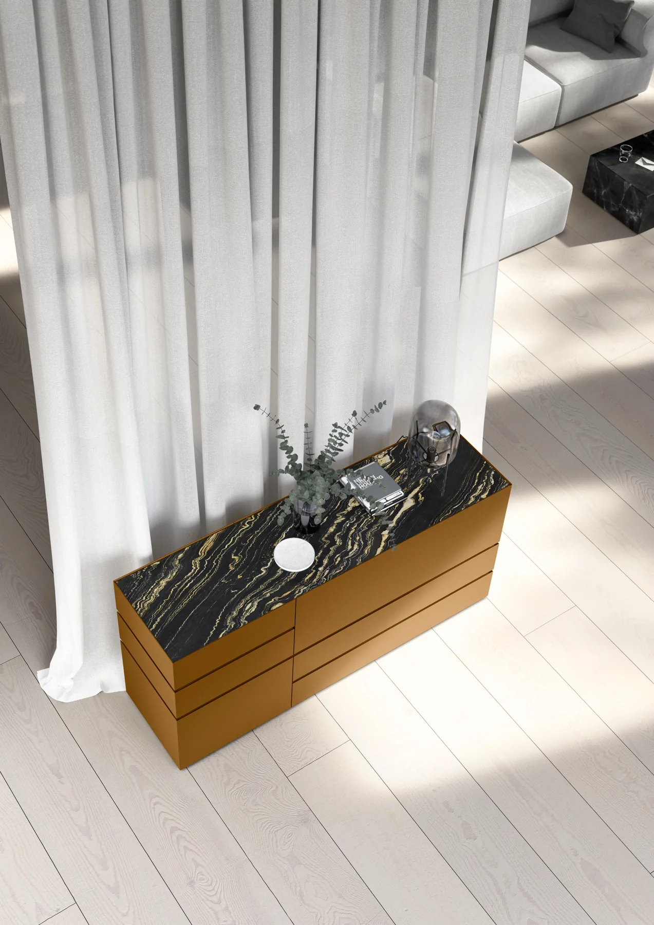 interlübke cube bold als goldfarbenes Sideboard mit dunkler Steinabdeckung aus erhöhter Perspektive