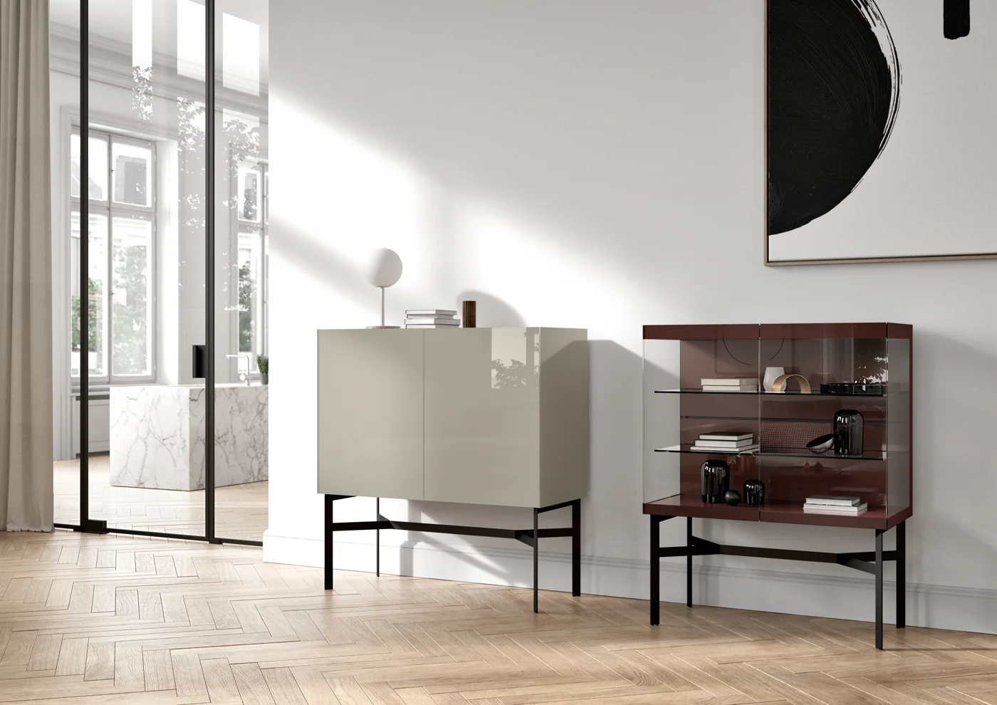 Zwei interlübke cube light Solitäre mit Glasfronten und filigranen Gestellen