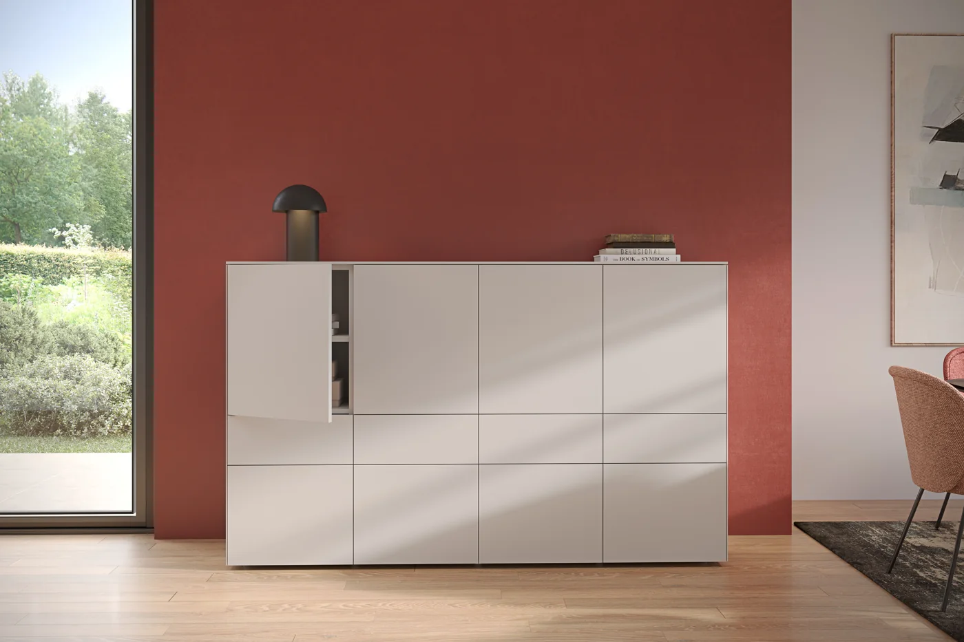 interlübke cube light mit geöffneter Vitrine und geschlossenen hellen Fronten