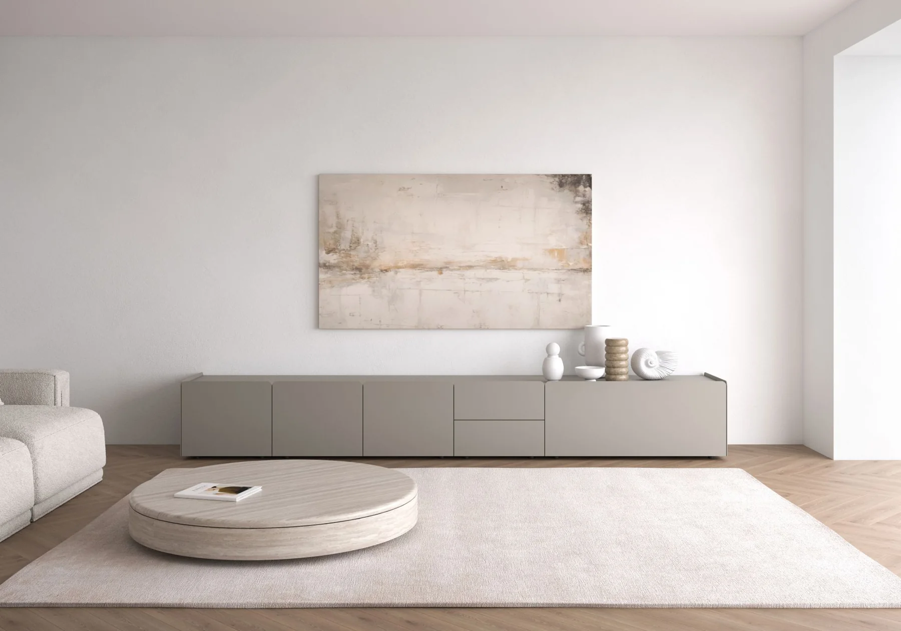 interlübke cube round als helles Lowboard mit gerundeten Ecken im Wohnraum