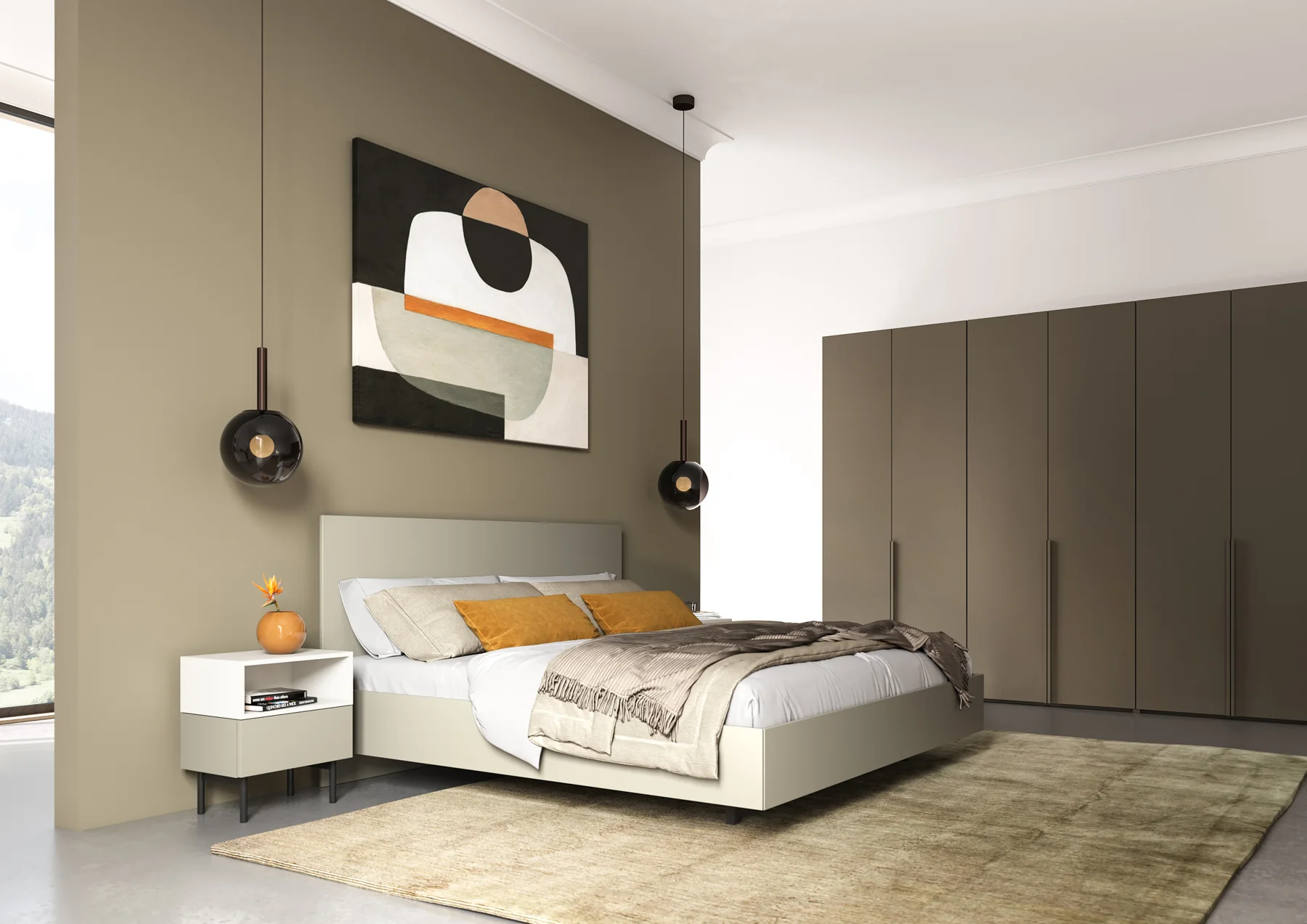 Dunkler interlübke intaro als Kleiderschrank rechts neben einem hellen Bett