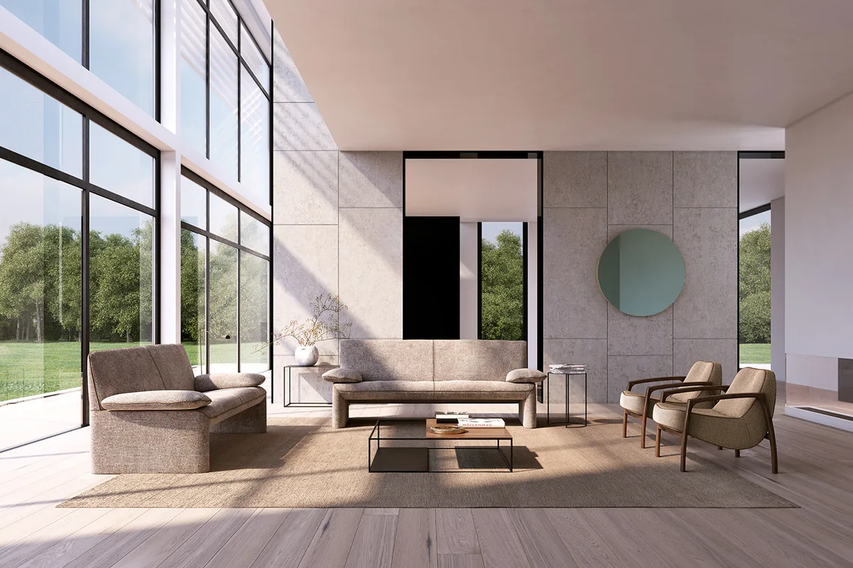 Helle Linea Stoffsofas in einer großzügigen Wohnsituation