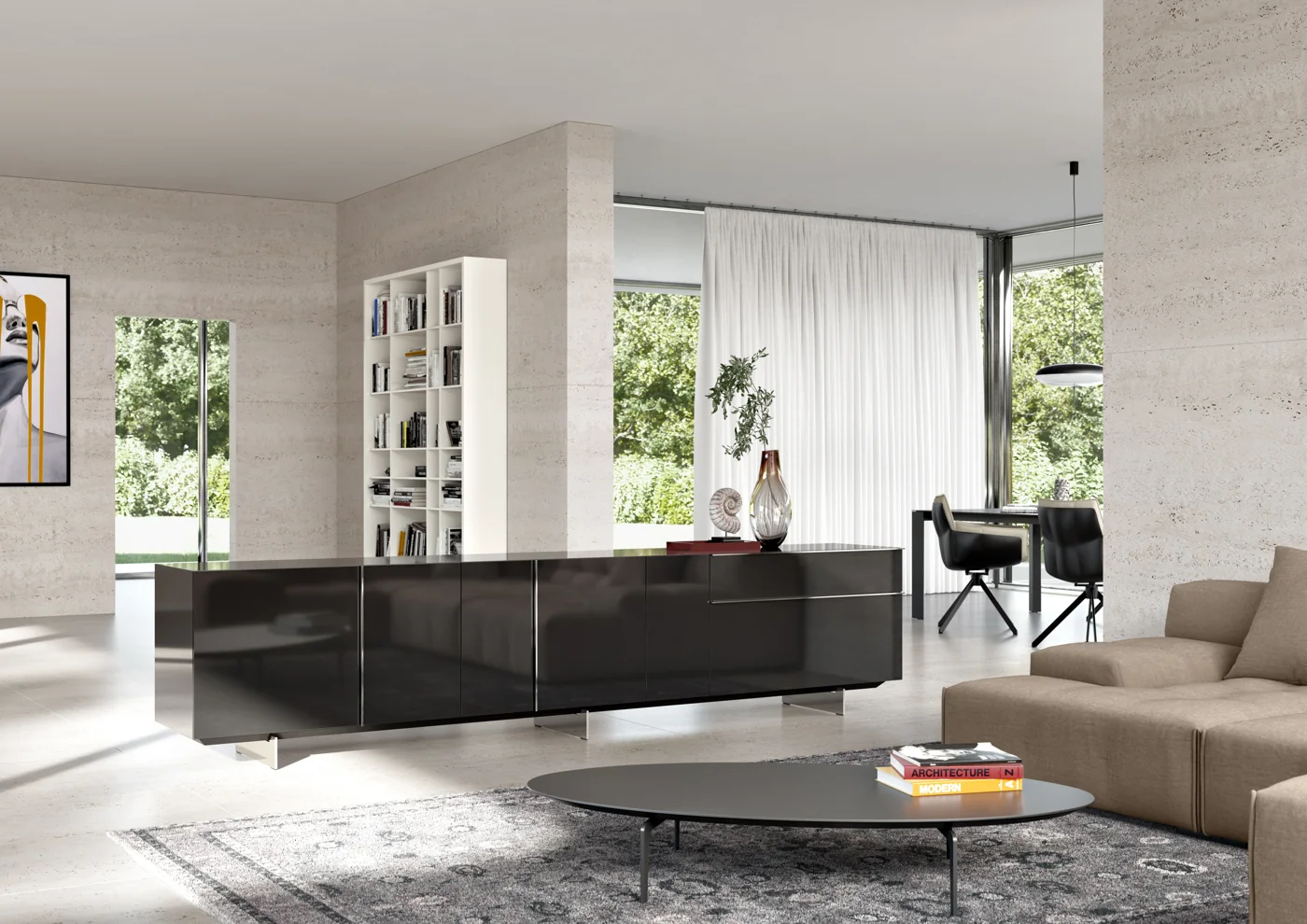 Dunkles ALEA-Sideboard als frei aufgestelltes Wohnmöbel mit weißem VITA-Regal im Hintergrund