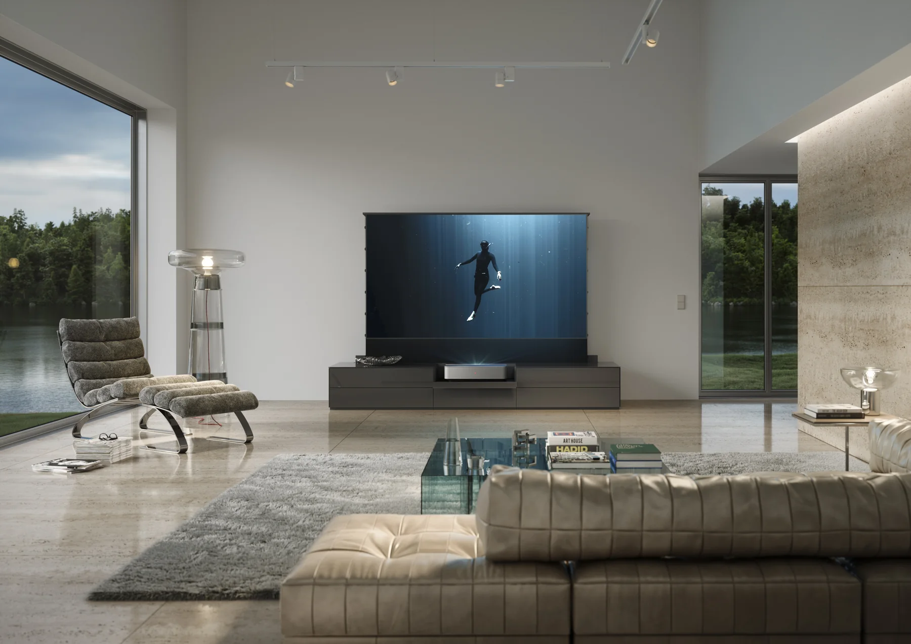 Kettnaker SOMA als dunkles niedriges Medienmöbel unter einem Fernseher im großzügigen Wohnraum